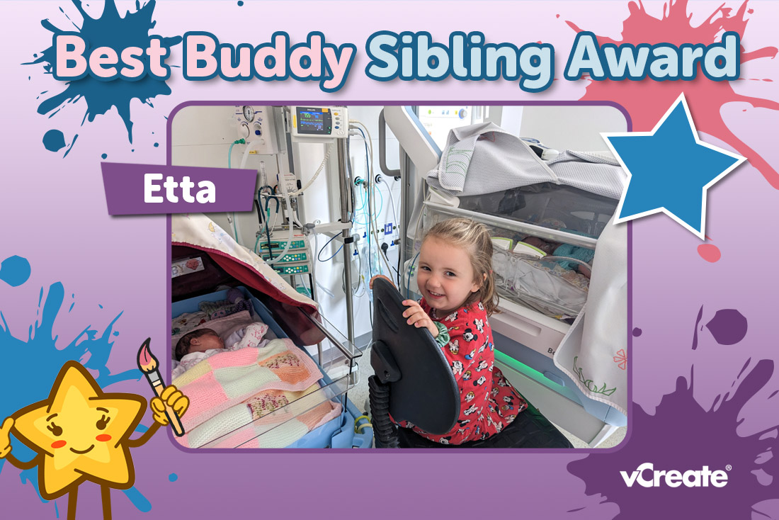 Sara's daughter, Etta, is receiving our Best Buddy Sibling Award!